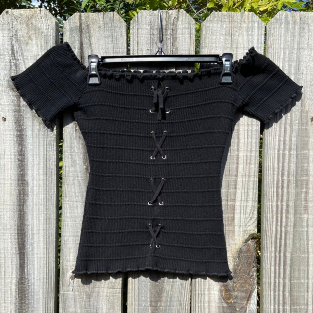 Fitted Black Off-the-Shoulder Lace-Up Top 🖤